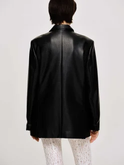 Outerwear-Source Unknown Faux Leather Button Jacket, Black