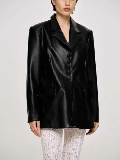 Outerwear-Source Unknown Faux Leather Button Jacket, Black