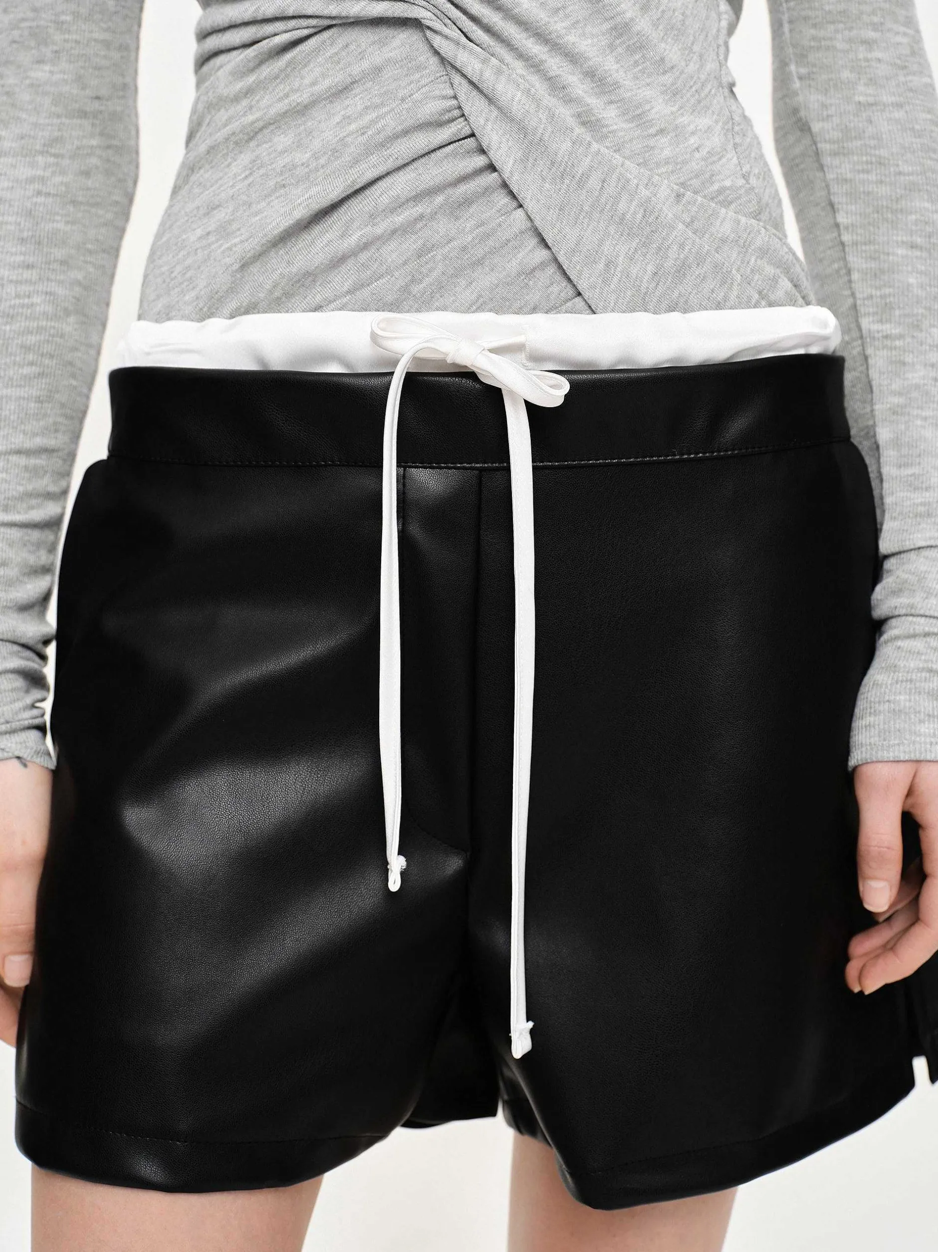 Bottoms-Source Unknown Faux Leather Layered Shorts, Black