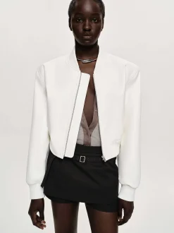 Clothing-Source Unknown Faux-Leather Bomber Jacket, White