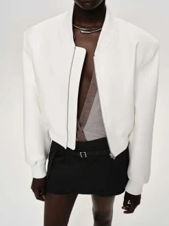 Clothing-Source Unknown Faux-Leather Bomber Jacket, White