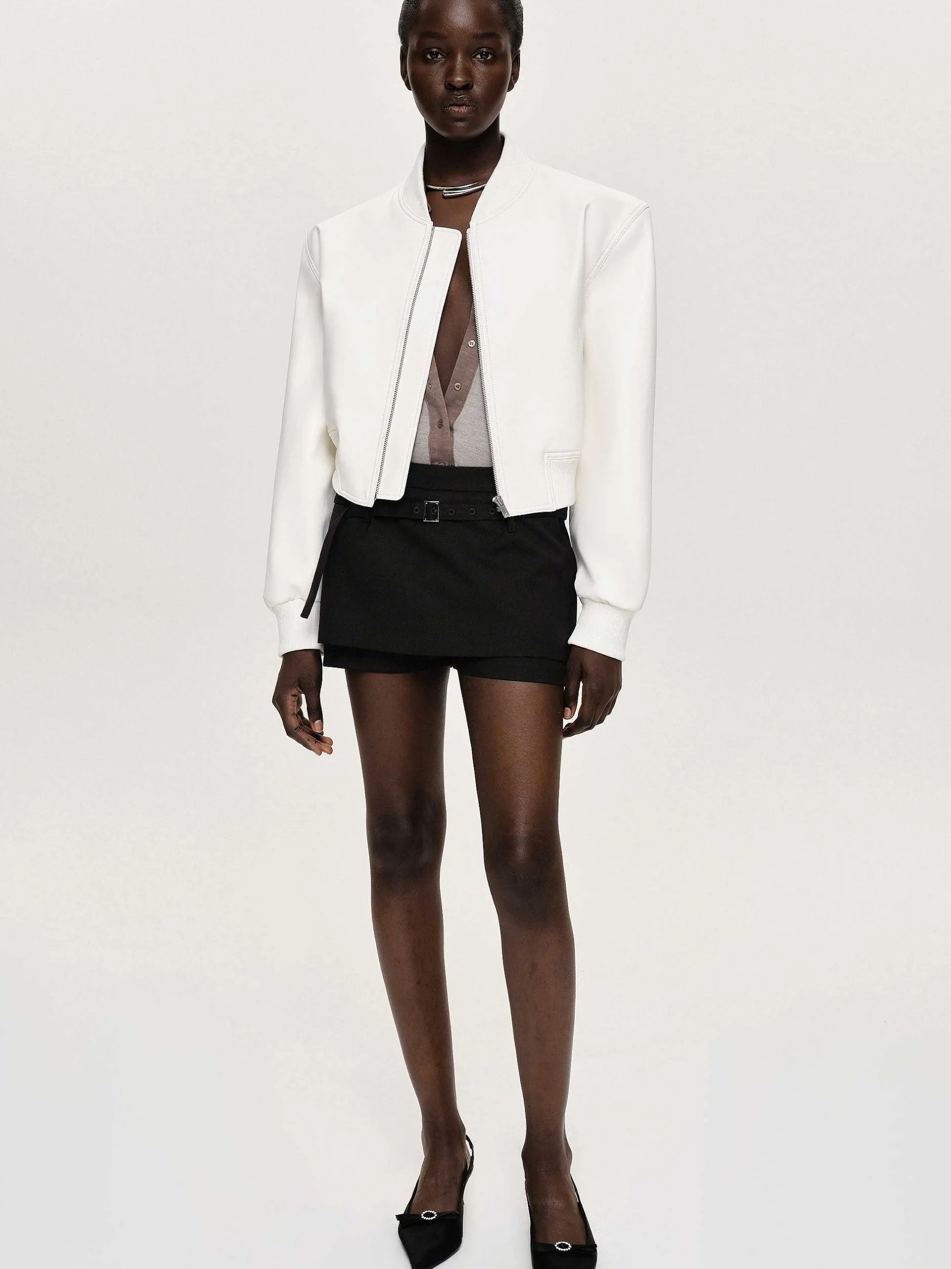 Clothing-Source Unknown Faux-Leather Bomber Jacket, White