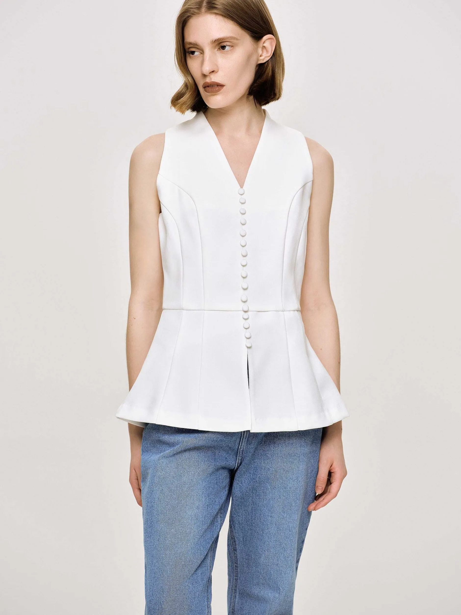 Clothing-Source Unknown Flared Button Vest, White