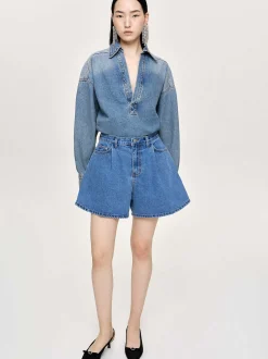 Clothing-Source Unknown Flared Denim Shorts, Medium Blue