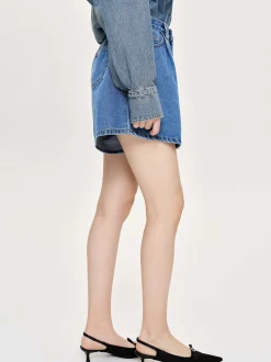 Clothing-Source Unknown Flared Denim Shorts, Medium Blue