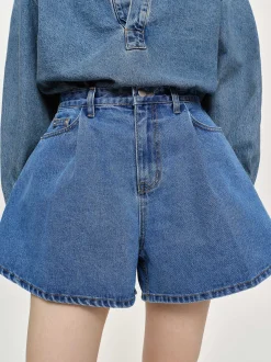 Clothing-Source Unknown Flared Denim Shorts, Medium Blue