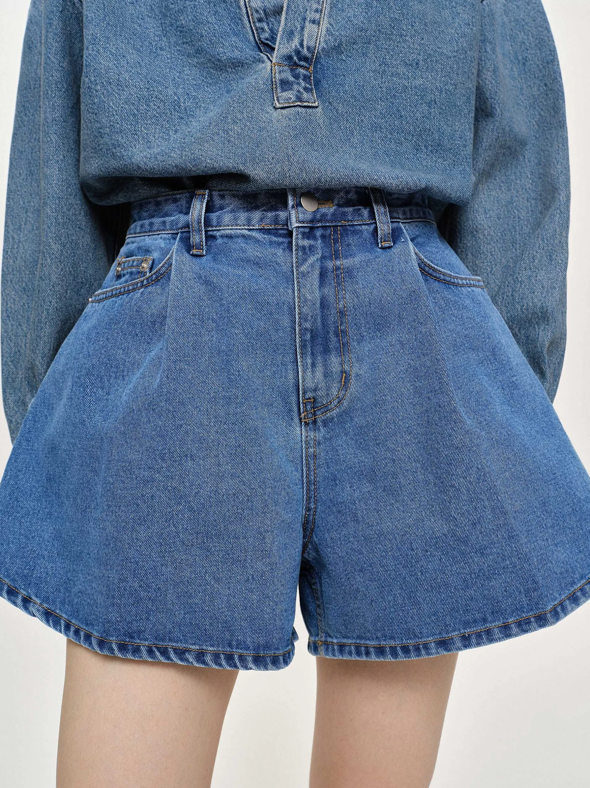 Clothing-Source Unknown Flared Denim Shorts, Medium Blue