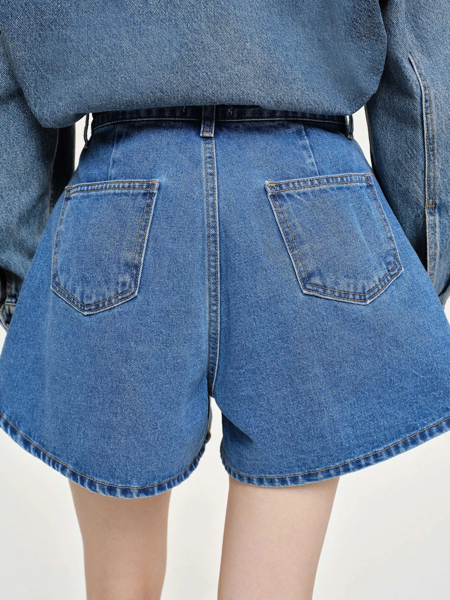 Denim-Source Unknown Flared Denim Shorts, Medium Blue