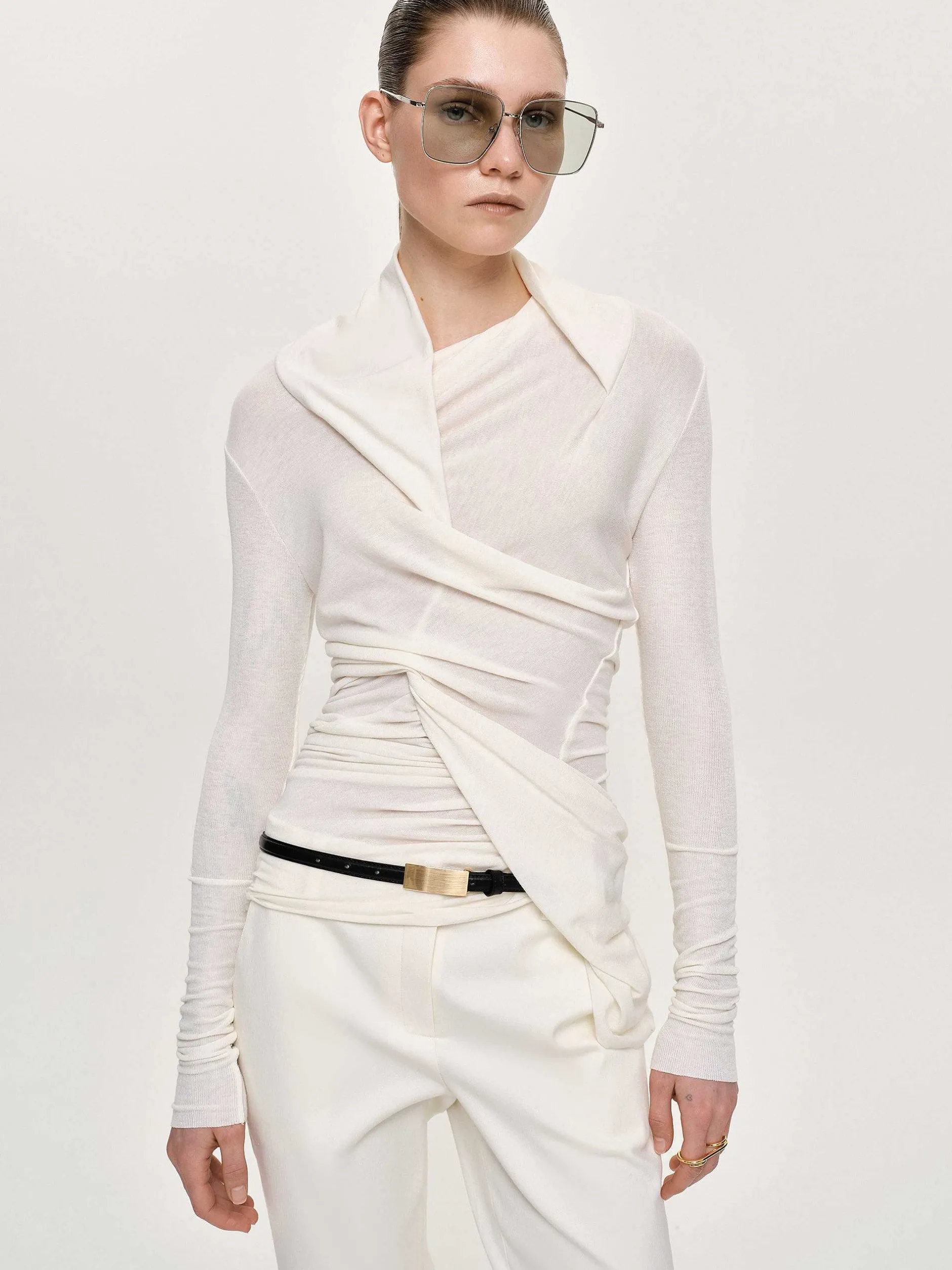 Clothing-Source Unknown Folgore Asymmetric Drape Top, Ivory