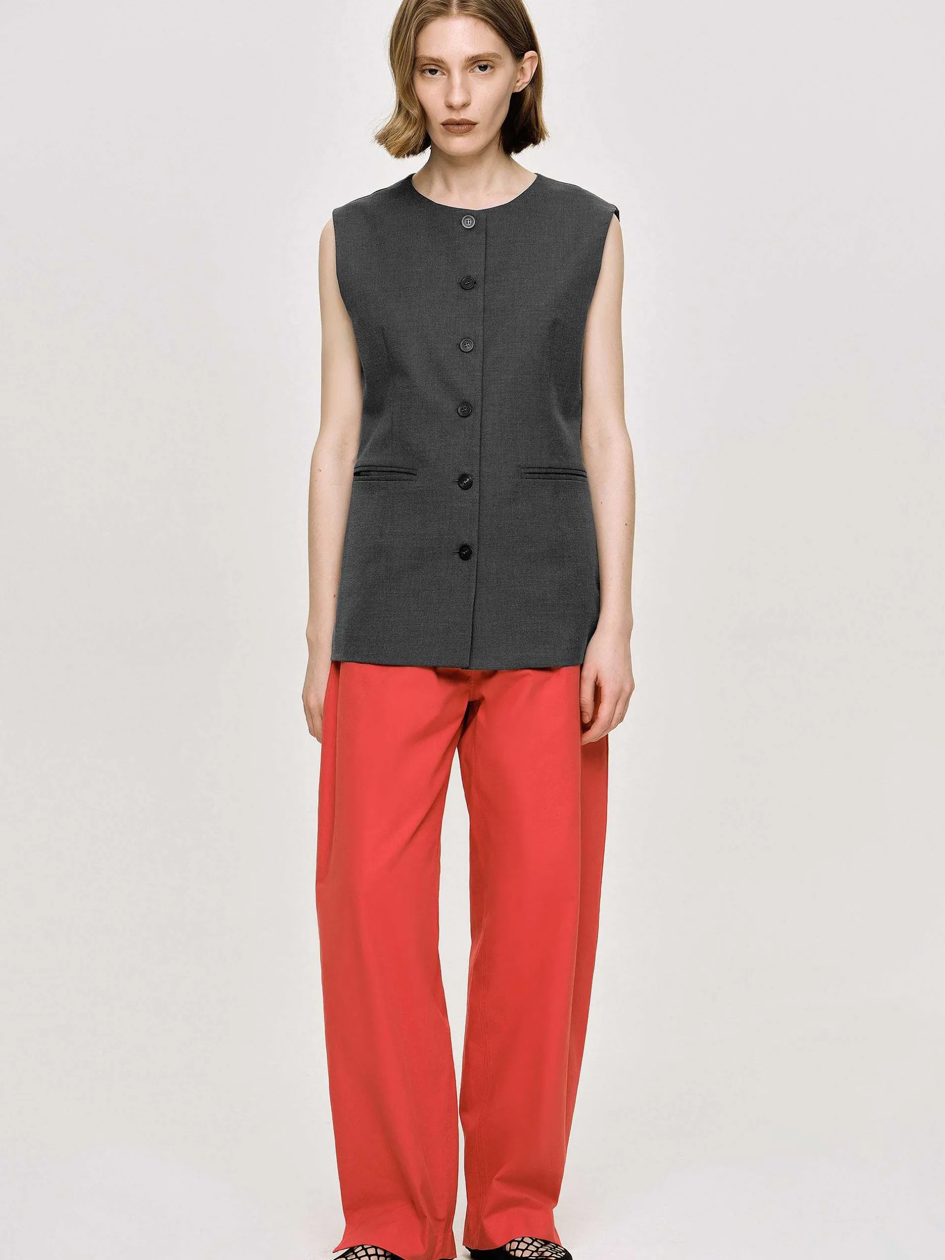 Tops-Source Unknown Long Button Vest, Charcoal Melange