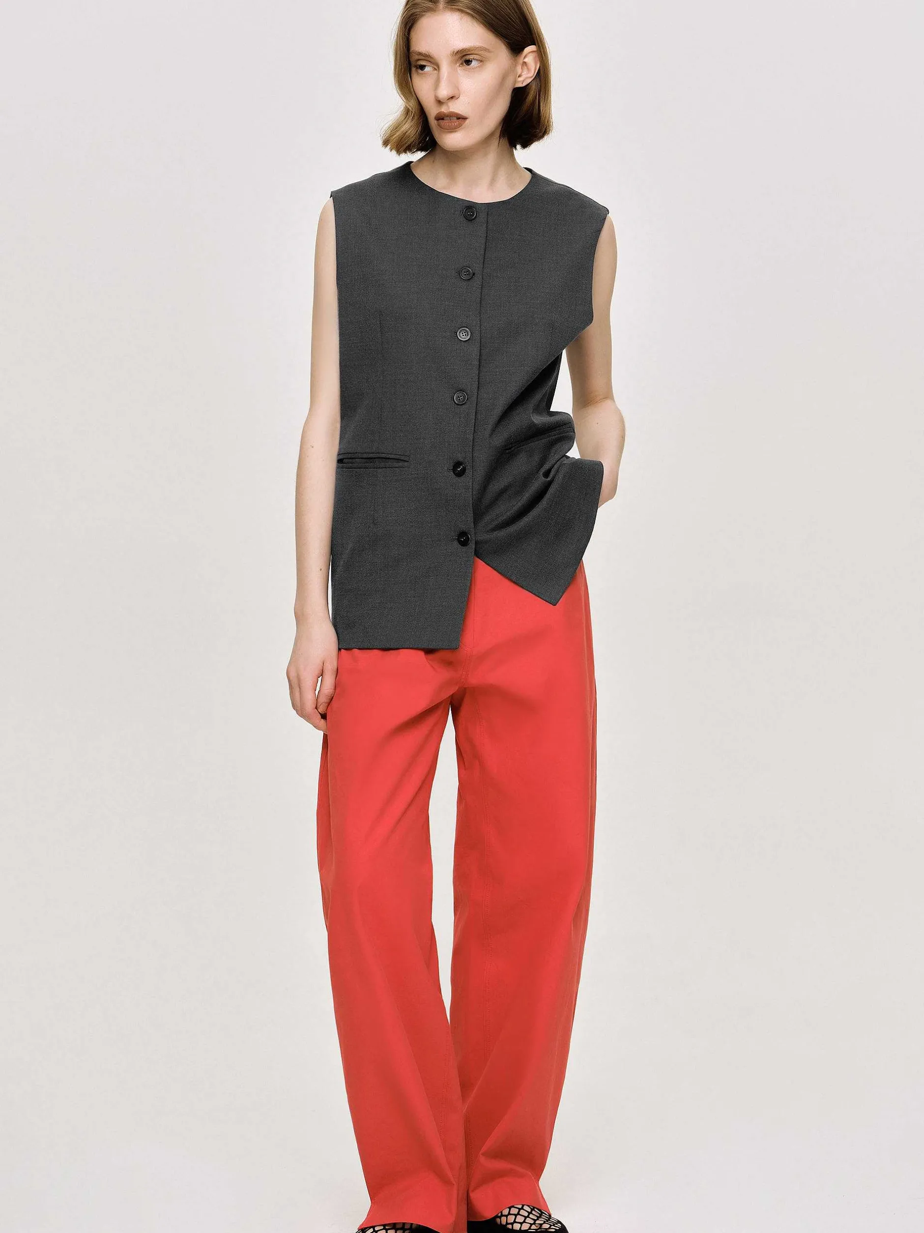 Clothing-Source Unknown Long Button Vest, Charcoal Melange