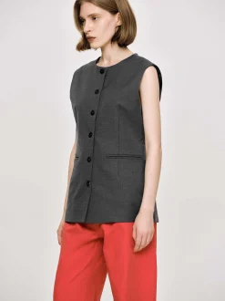 Clothing-Source Unknown Long Button Vest, Charcoal Melange