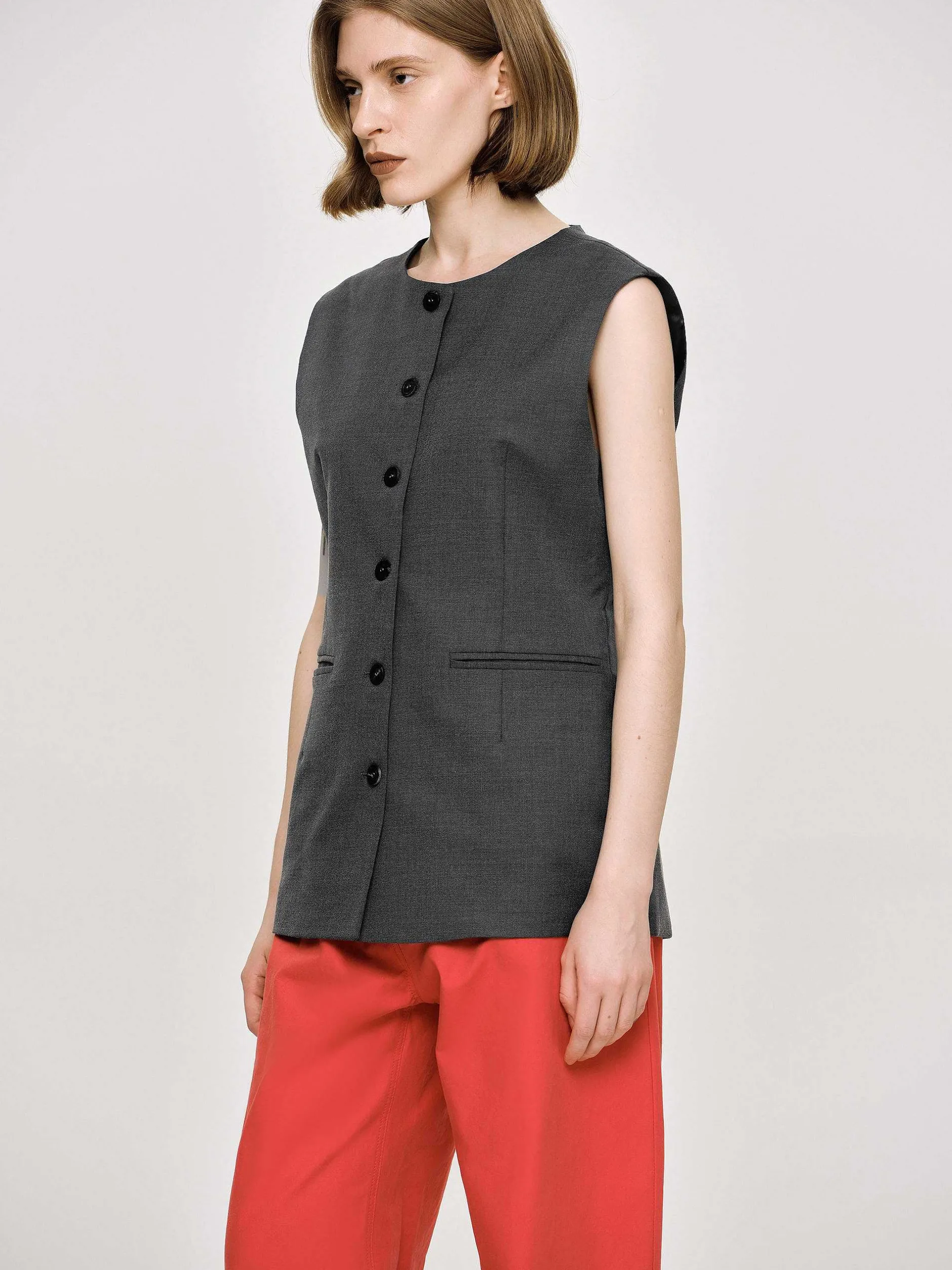 Clothing-Source Unknown Long Button Vest, Charcoal Melange