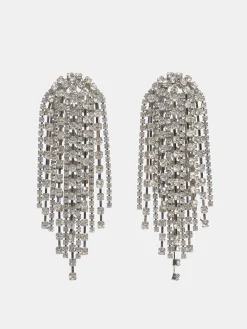 Clothing-Source Unknown Long Rhinestone Earrings, Silver