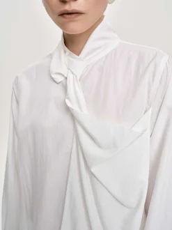 Tops-Source Unknown Mesash Twisted Scarf Blouse, White