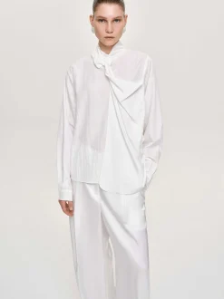 Tops-Source Unknown Mesash Twisted Scarf Blouse, White
