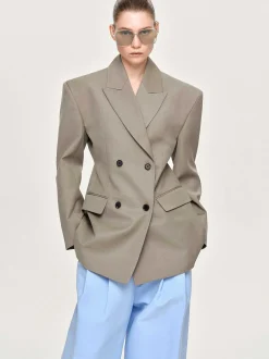 Outerwear-Source Unknown Messi Double Breasted Blazer, Dune