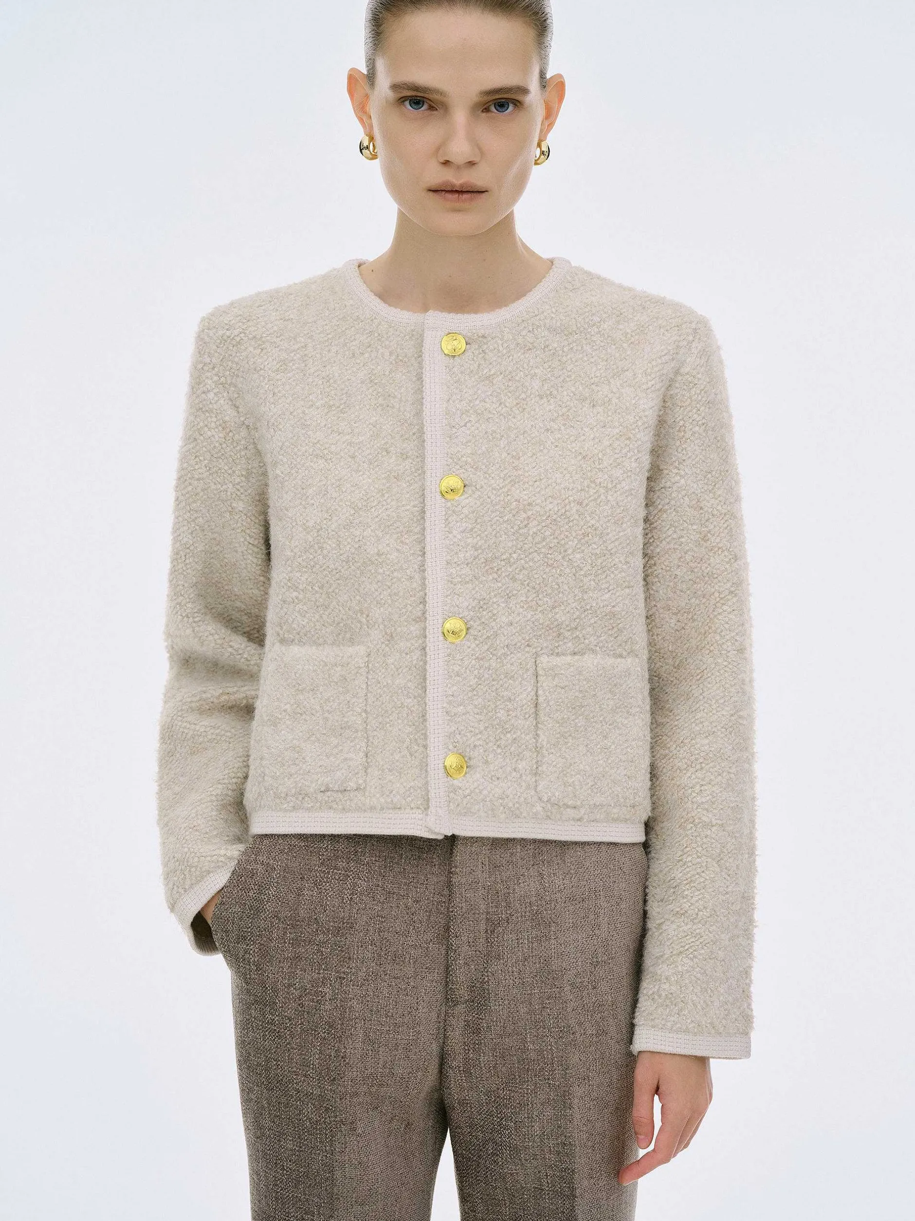 Clothing-Source Unknown Mogador Shearing Wool Cardigan, Beige Melange