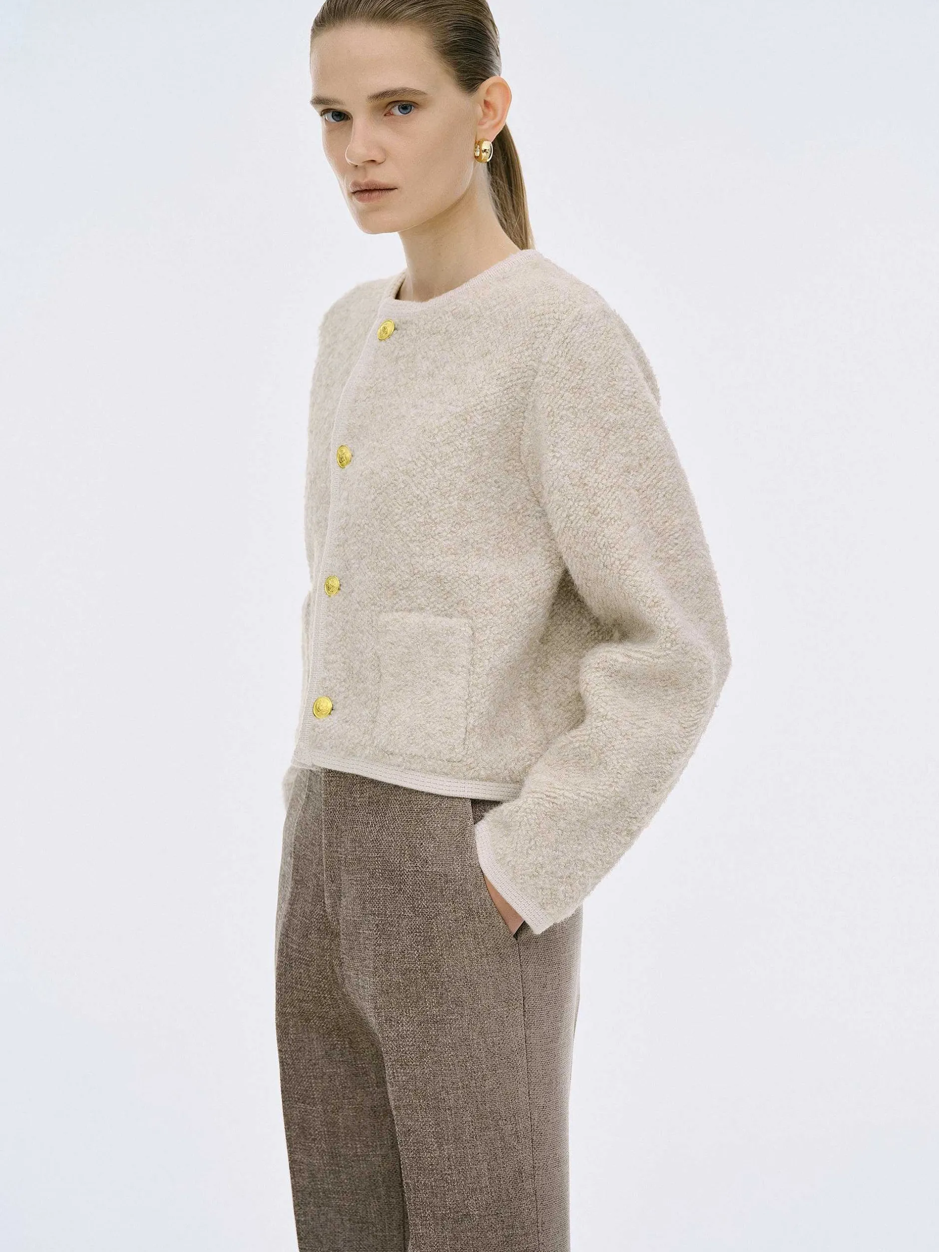 Clothing-Source Unknown Mogador Shearing Wool Cardigan, Beige Melange
