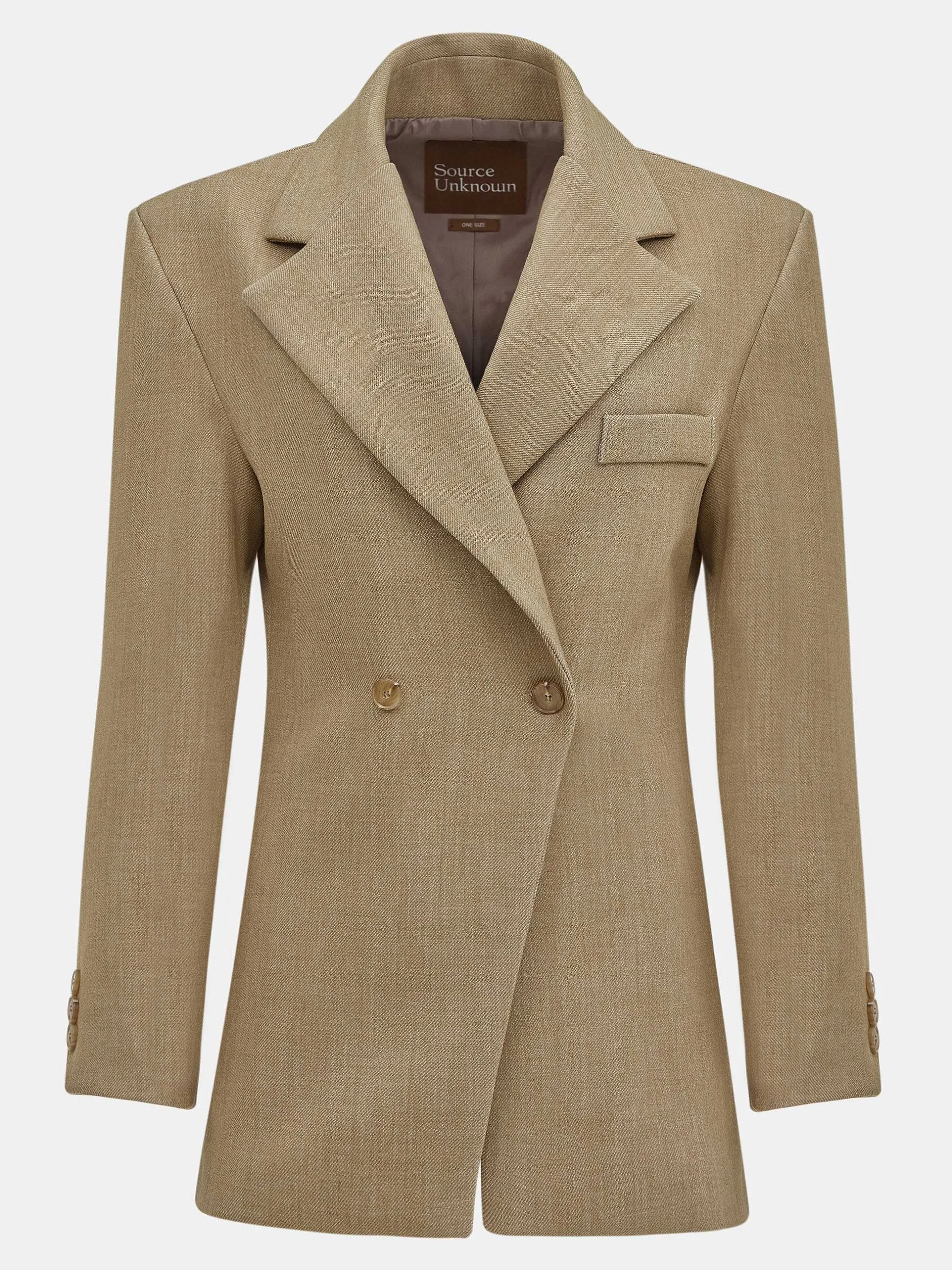 Outerwear-Source Unknown Nangy Double Breasted Cinched Blazer, Tan Beige