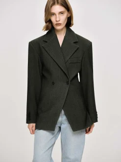 Outerwear-Source Unknown Nangy Double Breasted Cinched Blazer, Charcoal Grey