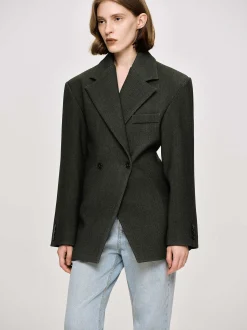 Outerwear-Source Unknown Nangy Double Breasted Cinched Blazer, Charcoal Grey