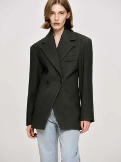 Outerwear-Source Unknown Nangy Double Breasted Cinched Blazer, Charcoal Grey