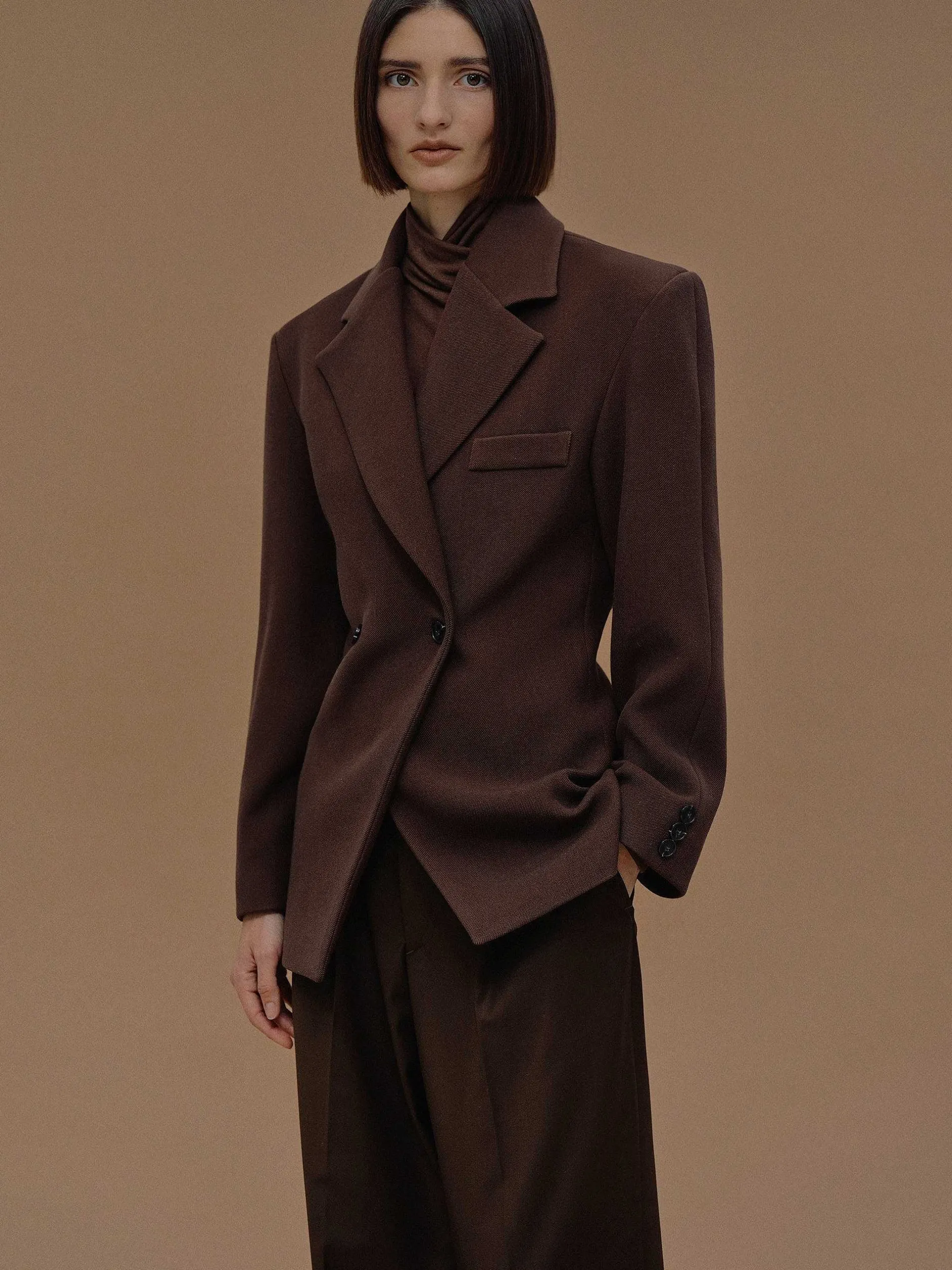 Clothing-Source Unknown Nangy Double Breasted Cinched Blazer, Pecan