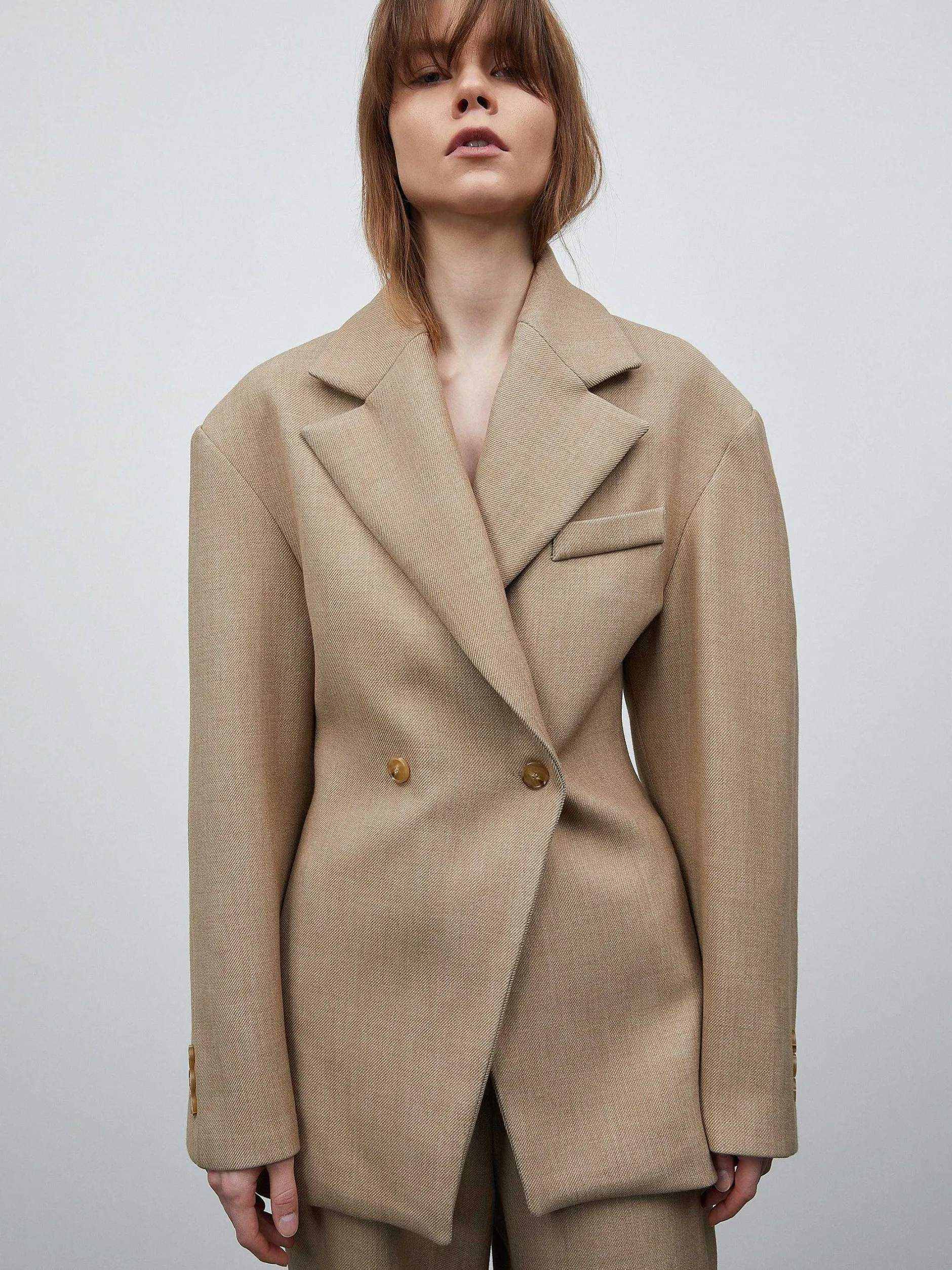 Clothing-Source Unknown Nangy Double Breasted Cinched Blazer, Tan Beige