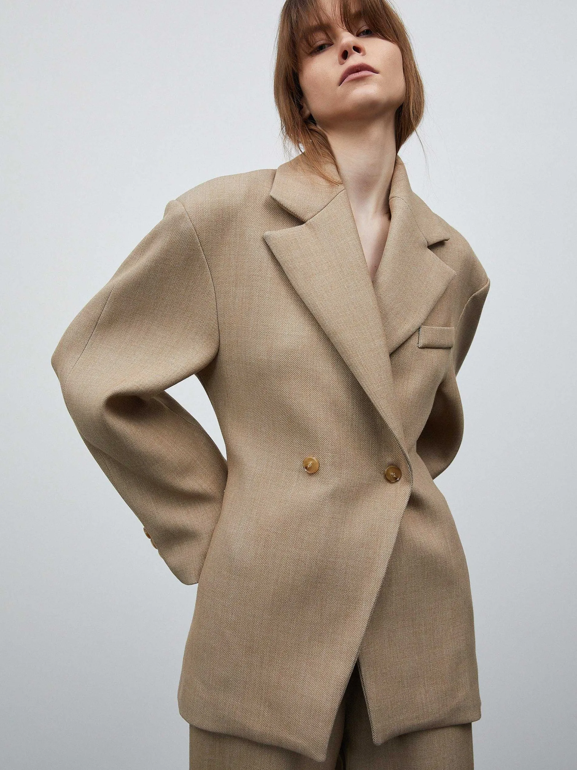 Clothing-Source Unknown Nangy Double Breasted Cinched Blazer, Tan Beige