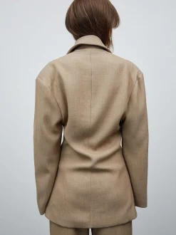 Clothing-Source Unknown Nangy Double Breasted Cinched Blazer, Tan Beige