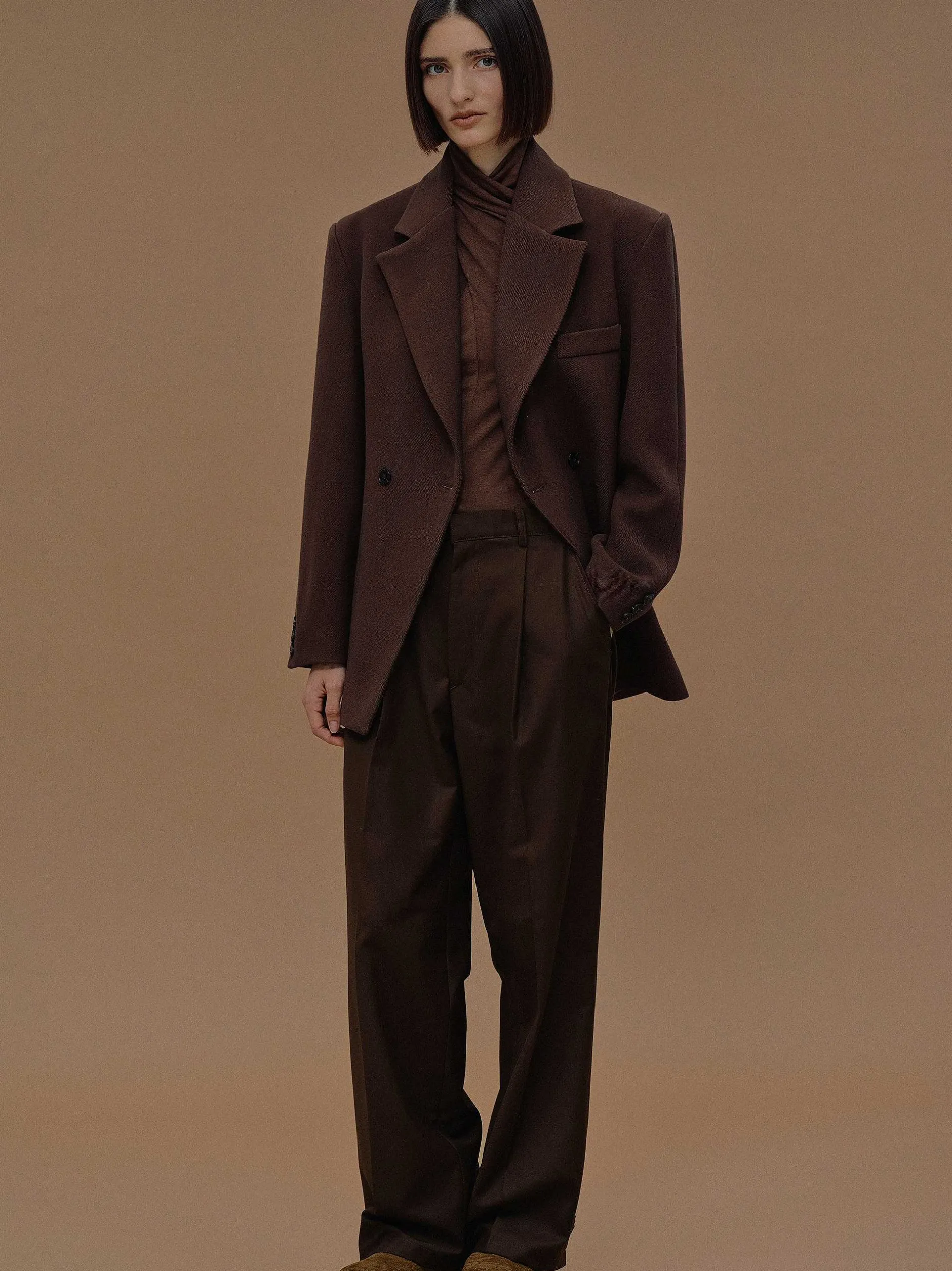 Outerwear-Source Unknown Nangy Double Breasted Cinched Blazer, Pecan