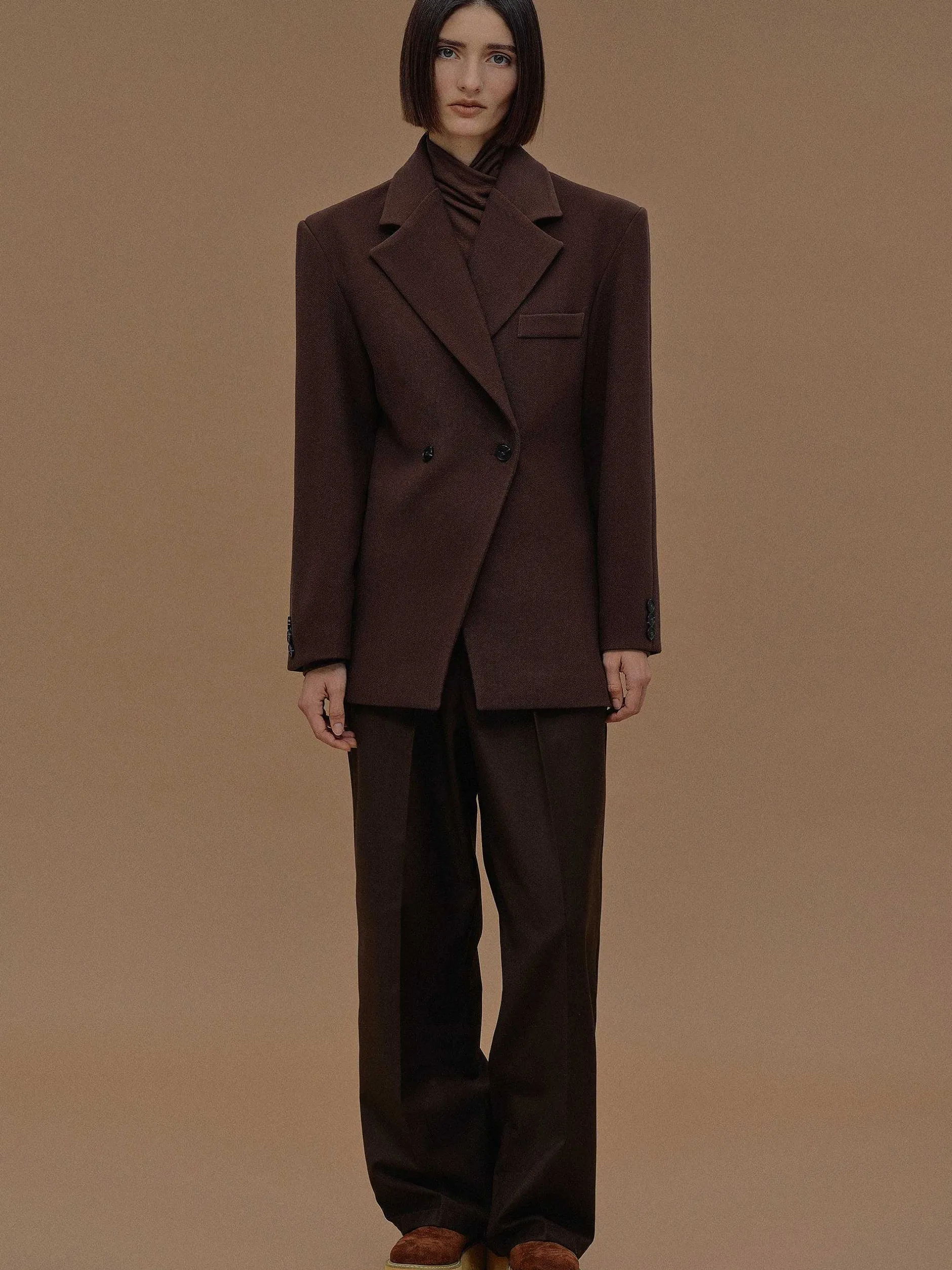 Outerwear-Source Unknown Nangy Double Breasted Cinched Blazer, Pecan