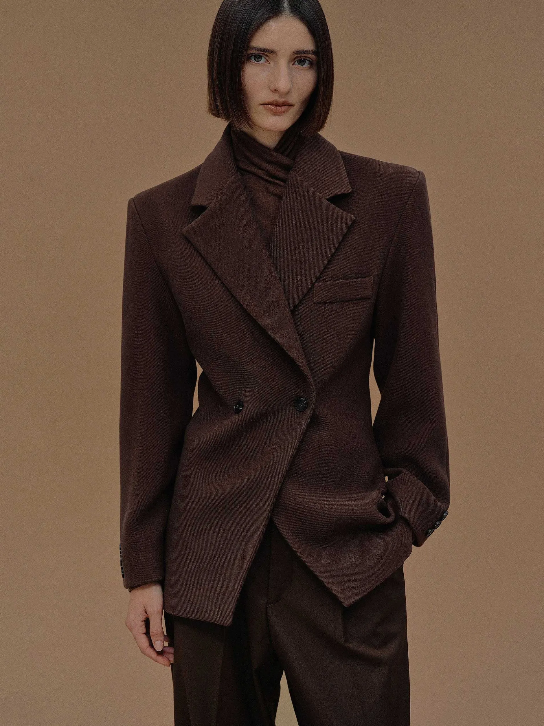 Outerwear-Source Unknown Nangy Double Breasted Cinched Blazer, Pecan