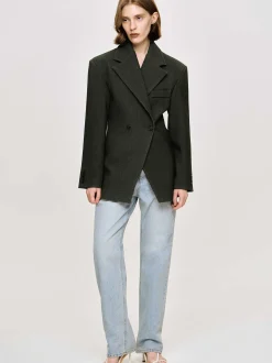 Clothing-Source Unknown Nangy Double Breasted Cinched Blazer, Charcoal Grey