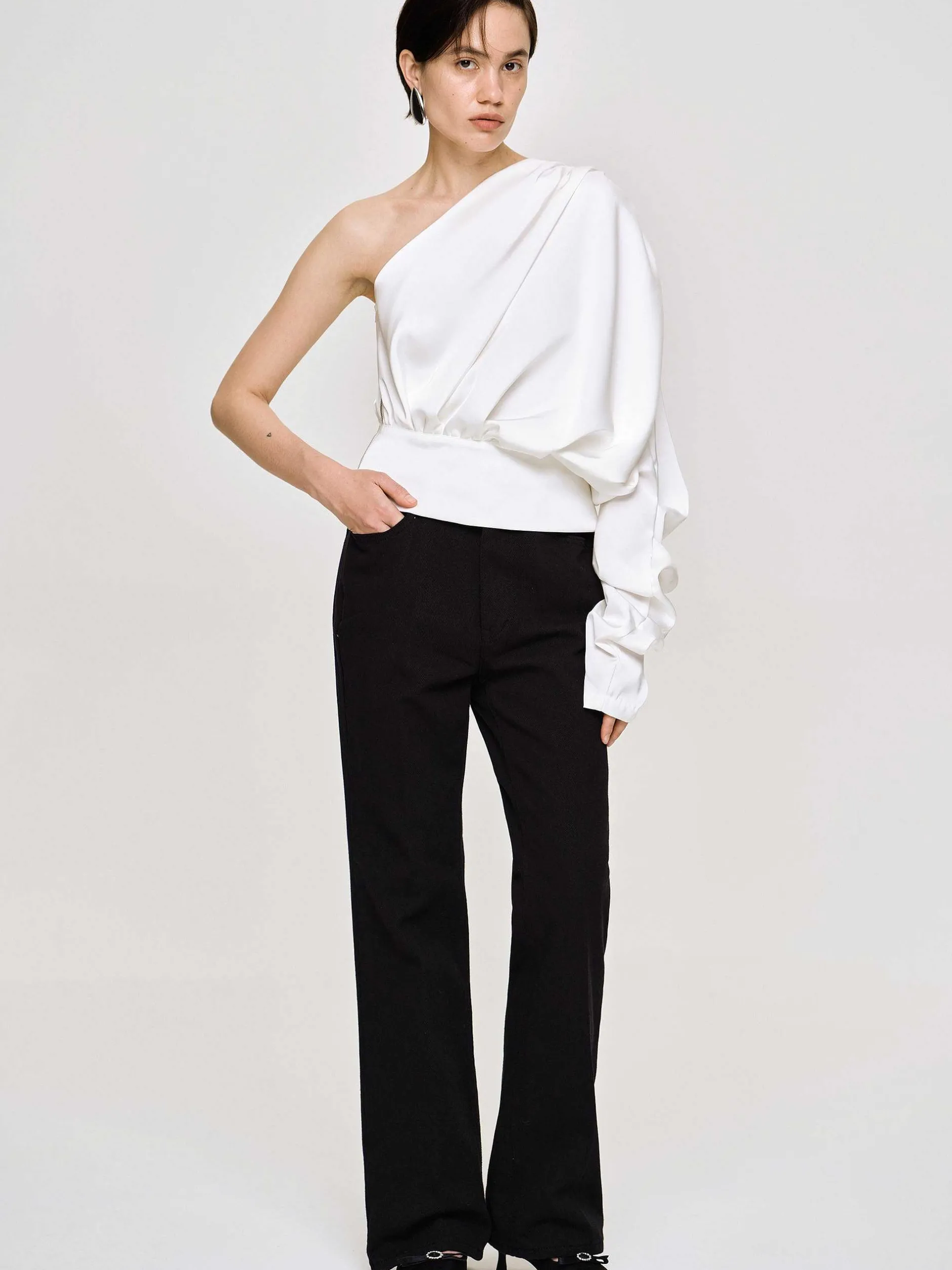 Clothing-Source Unknown One-Shoulder Blouse, White