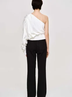 Tops-Source Unknown One-Shoulder Blouse, White
