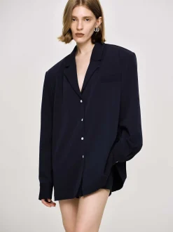 Outerwear-Source Unknown Oversized Fluid Shirt, Navy