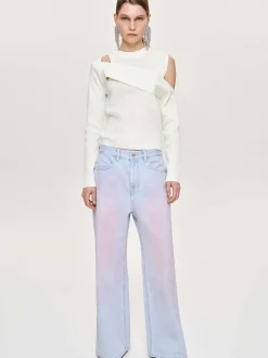 Clothing-Source Unknown Painted Wide-Leg Jeans, Pink Washed