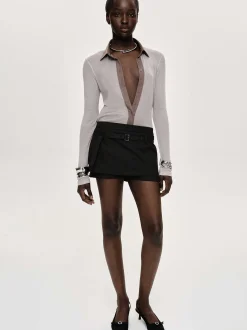 Clothing-Source Unknown Pietro Semi-Sheer Collar Top, Taupe Brown