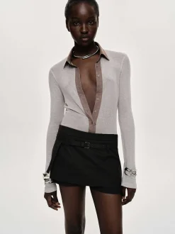 Clothing-Source Unknown Pietro Semi-Sheer Collar Top, Taupe Brown