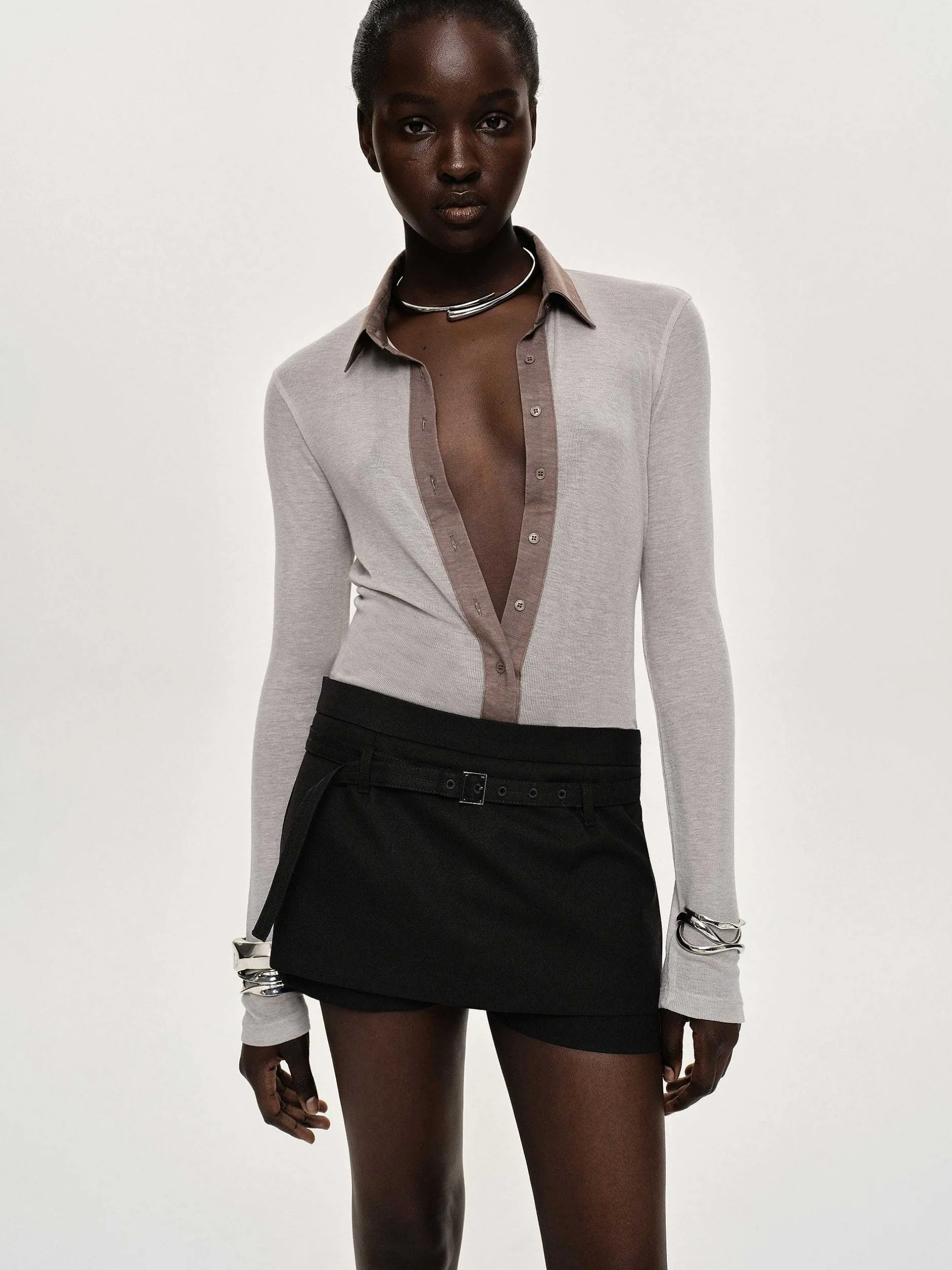 Tops-Source Unknown Pietro Semi-Sheer Collar Top, Taupe Brown
