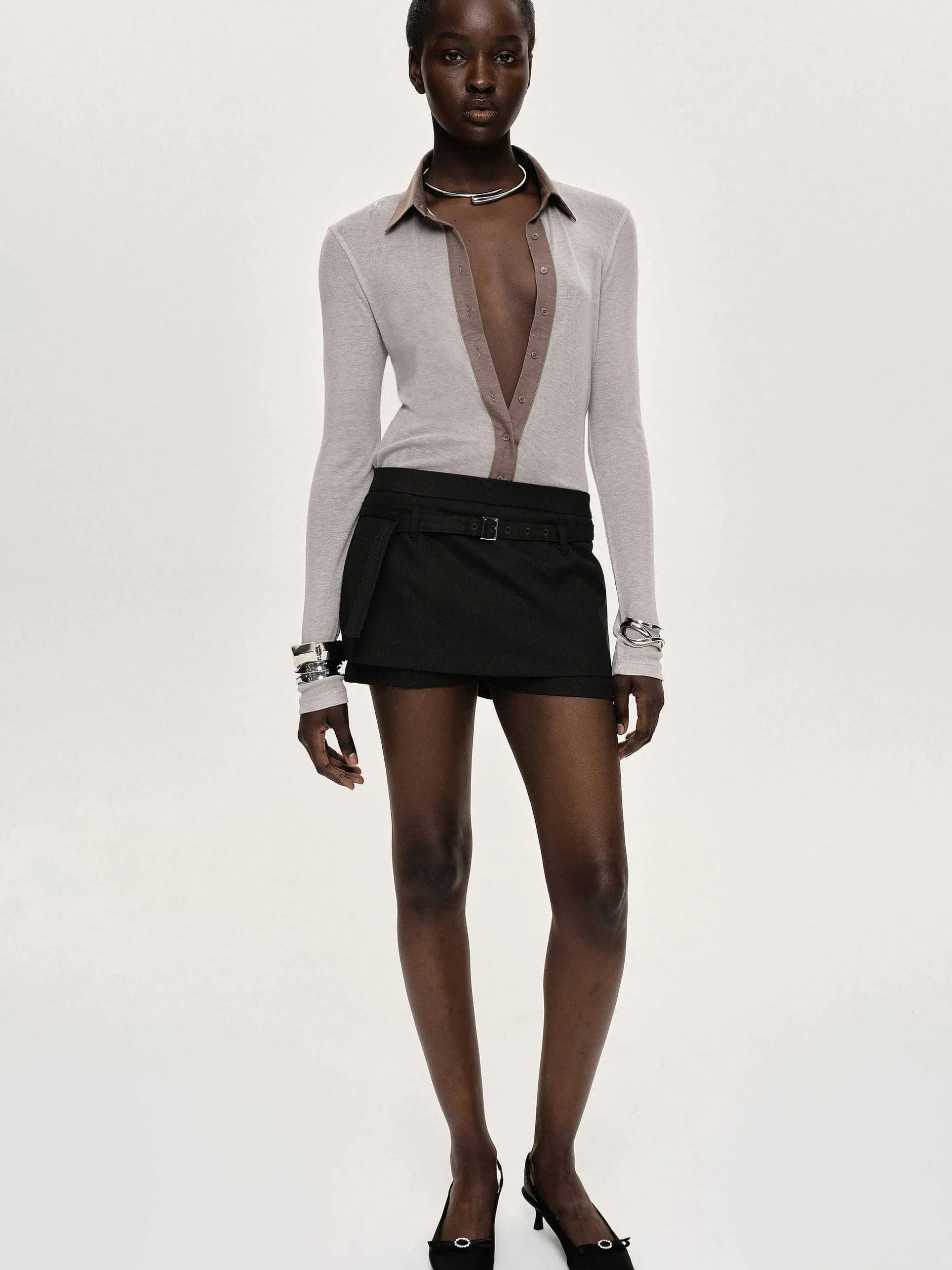 Tops-Source Unknown Pietro Semi-Sheer Collar Top, Taupe Brown
