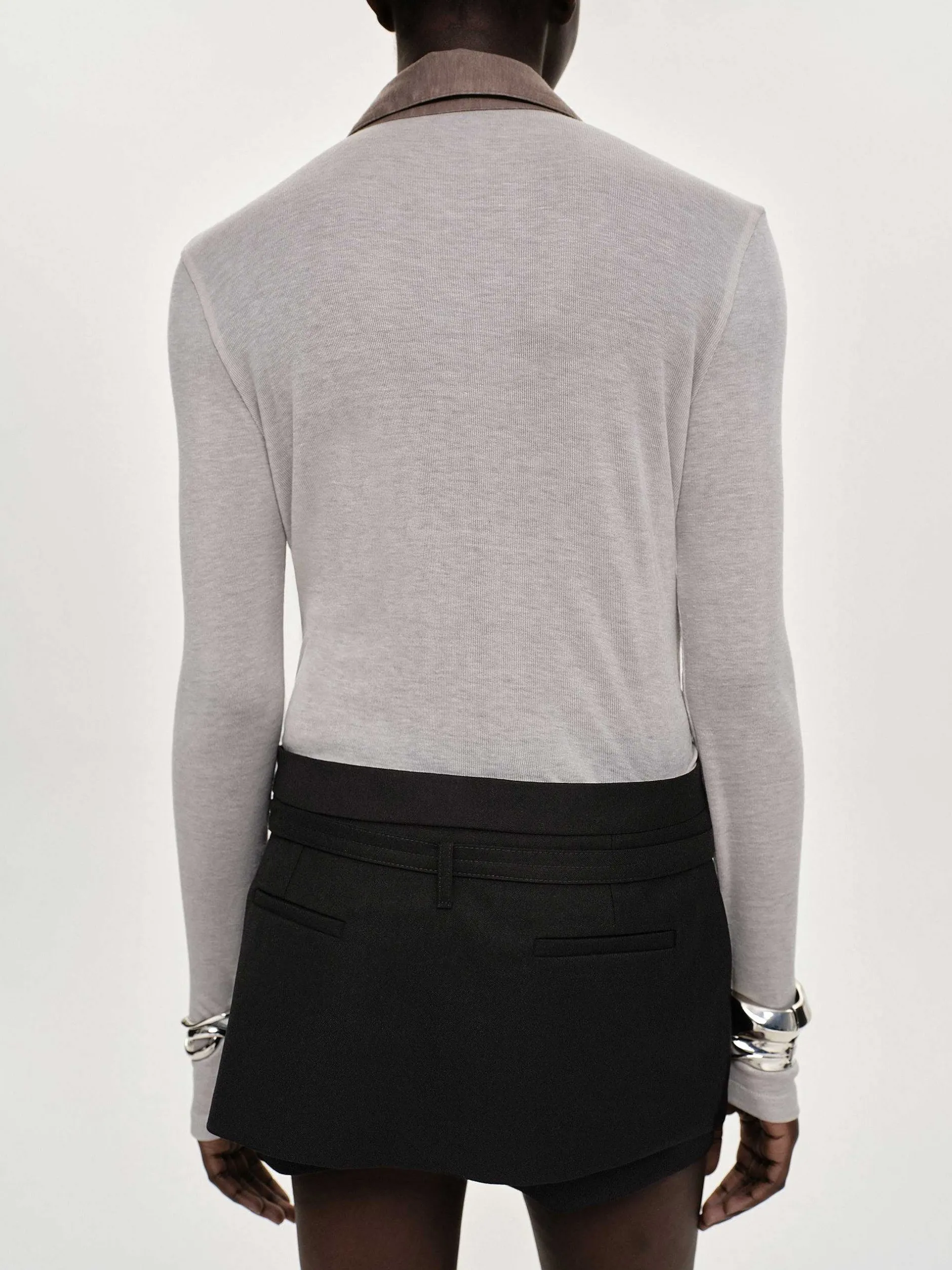 Tops-Source Unknown Pietro Semi-Sheer Collar Top, Taupe Brown
