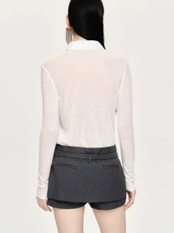 Tops-Source Unknown Pietro Semi-Sheer Collar Top, White