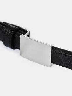 Clothing-Source Unknown Plate Buckle Croc-Effect Belt, Silver