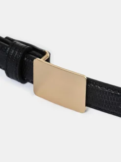Accessories-Source Unknown Plate Buckle Croc-Effect Belt, Gold