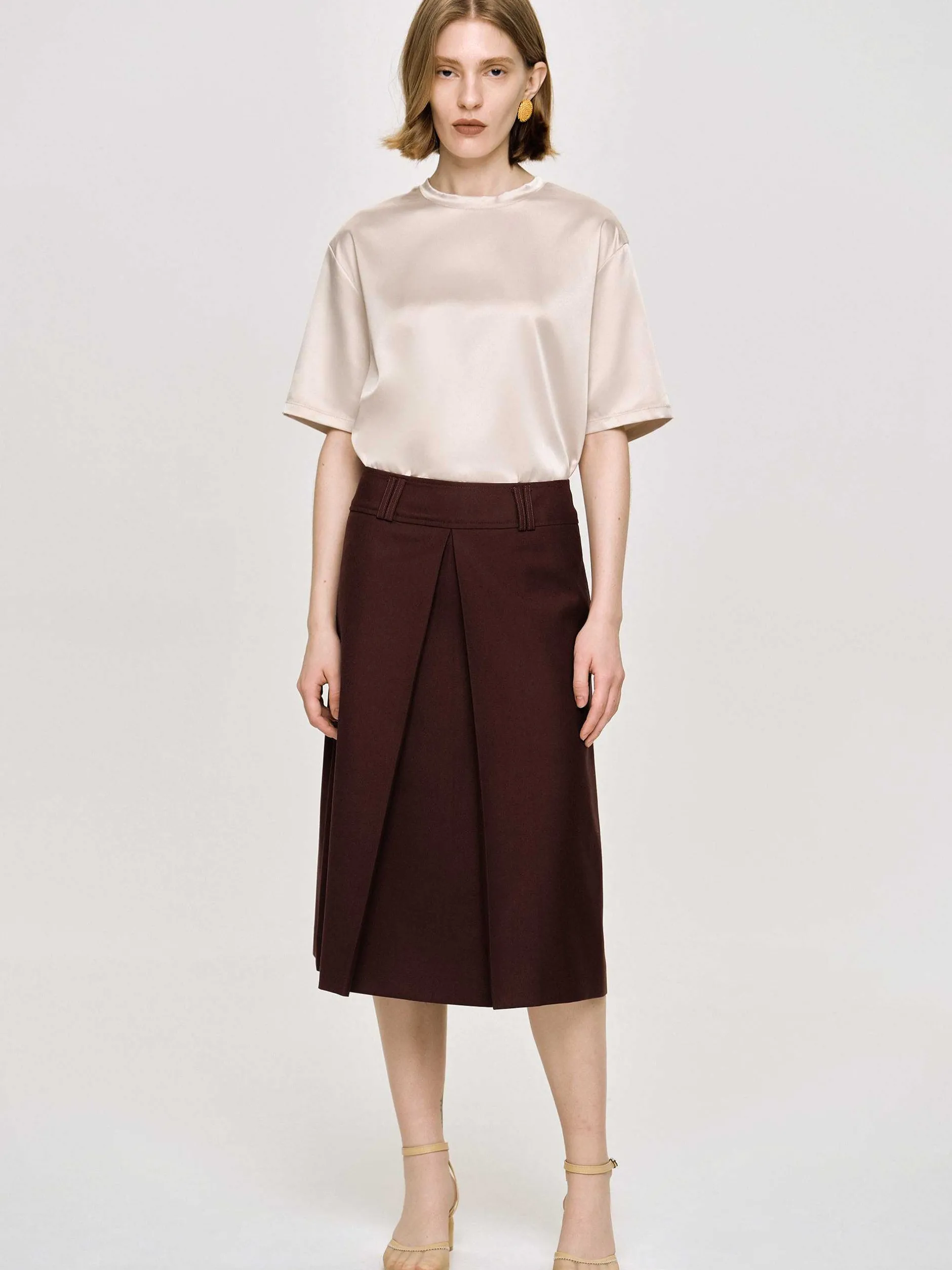 Bottoms-Source Unknown Pleated Midi Skirt, Black Cherry