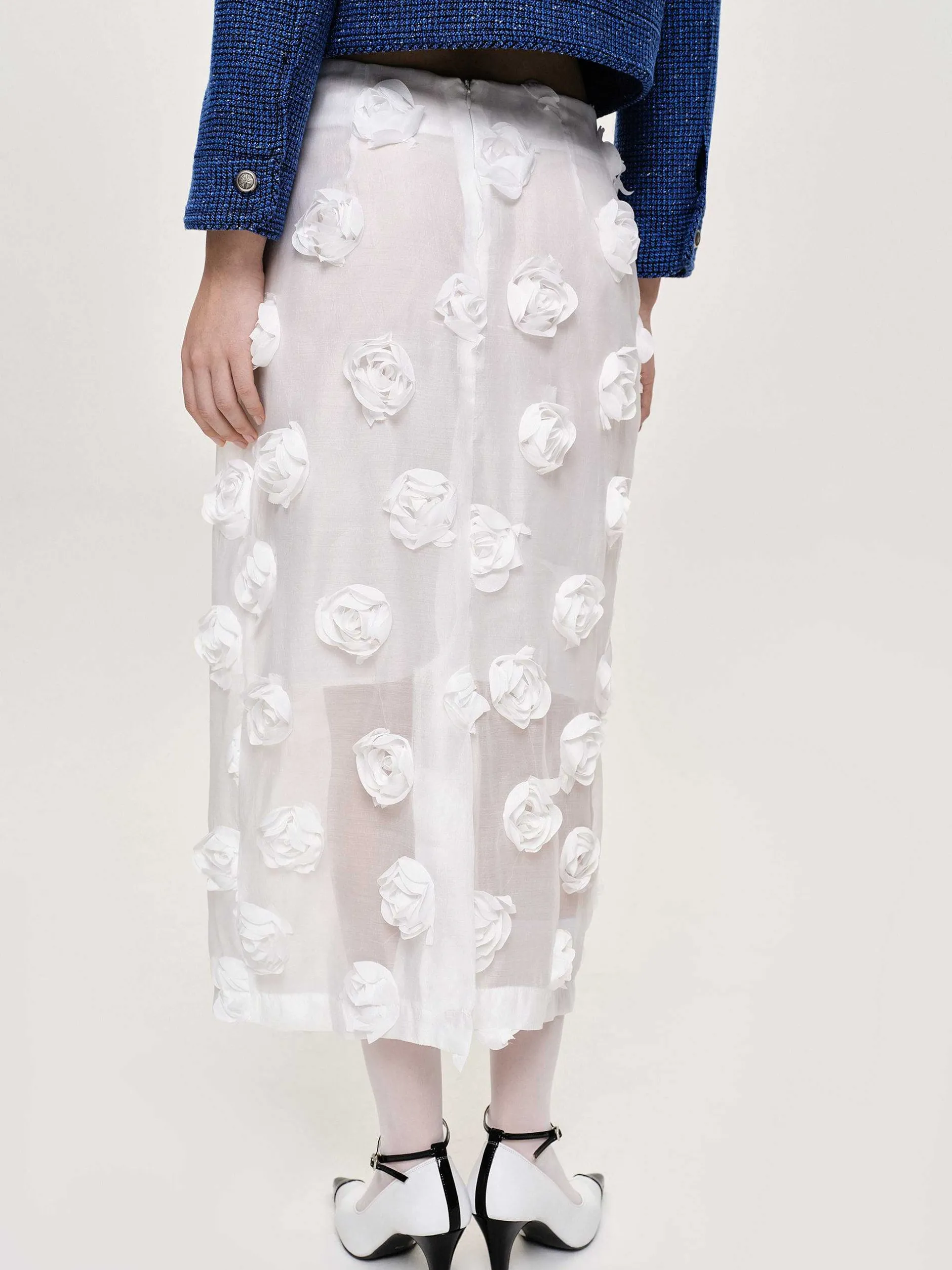 Clothing-Source Unknown Rose Applique Midi Skirt, White