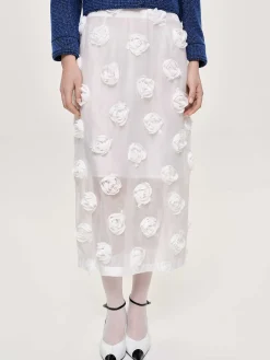 Clothing-Source Unknown Rose Applique Midi Skirt, White
